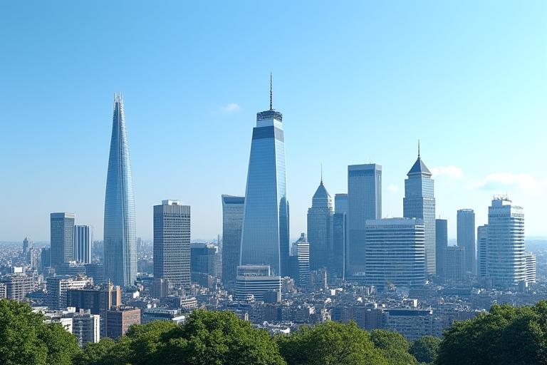 Panoramic view of the London skyline with modern office buildings, symbolizing legal strength and urban presence.